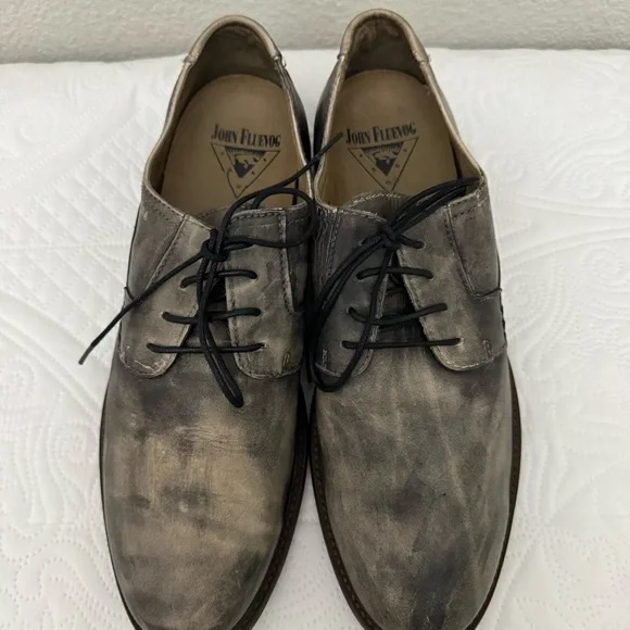 John Fluevog Grant Leather Derby Shoes Washed Black Distressed Finish Size 11 - Picture 4 of 15